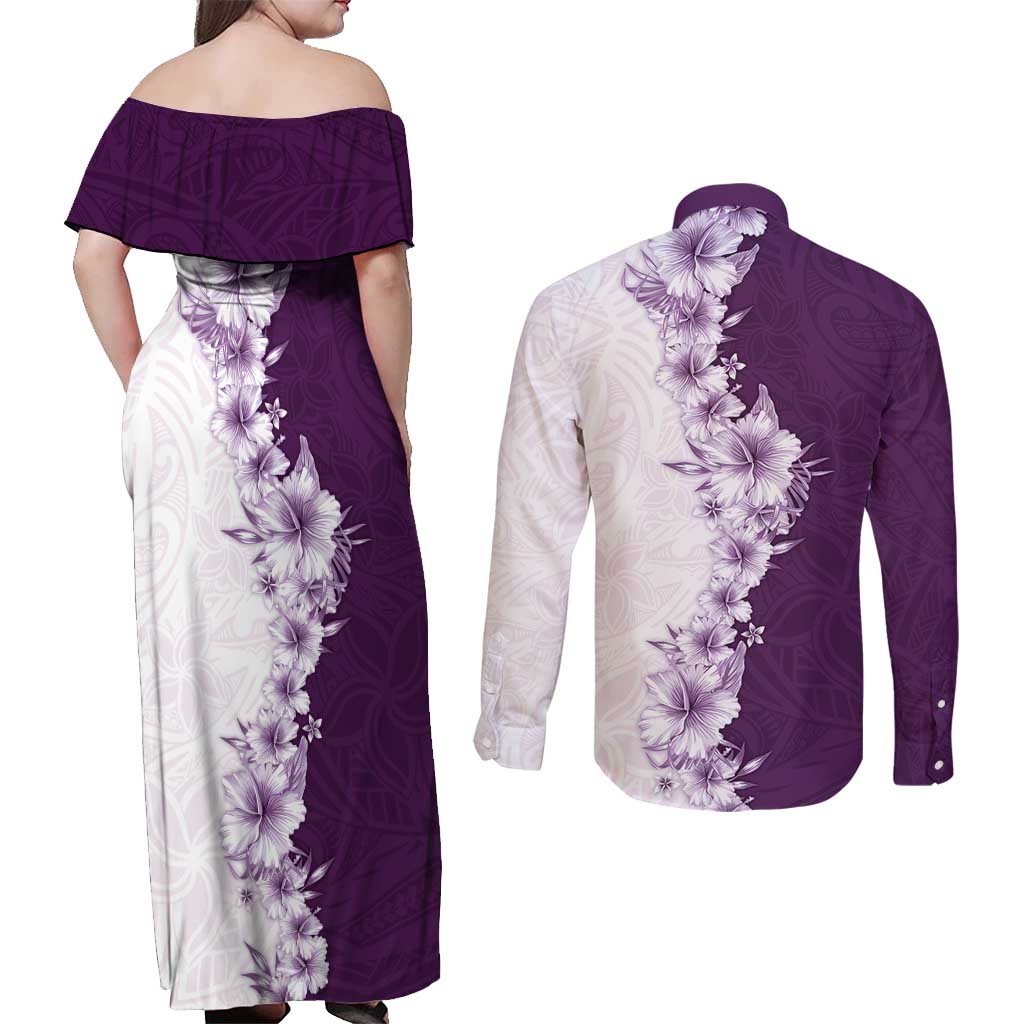 Hawaii Hibiscus Flowers Couples Matching Off Shoulder Maxi Dress and Long Sleeve Button Shirt Purple Polynesian Pattern