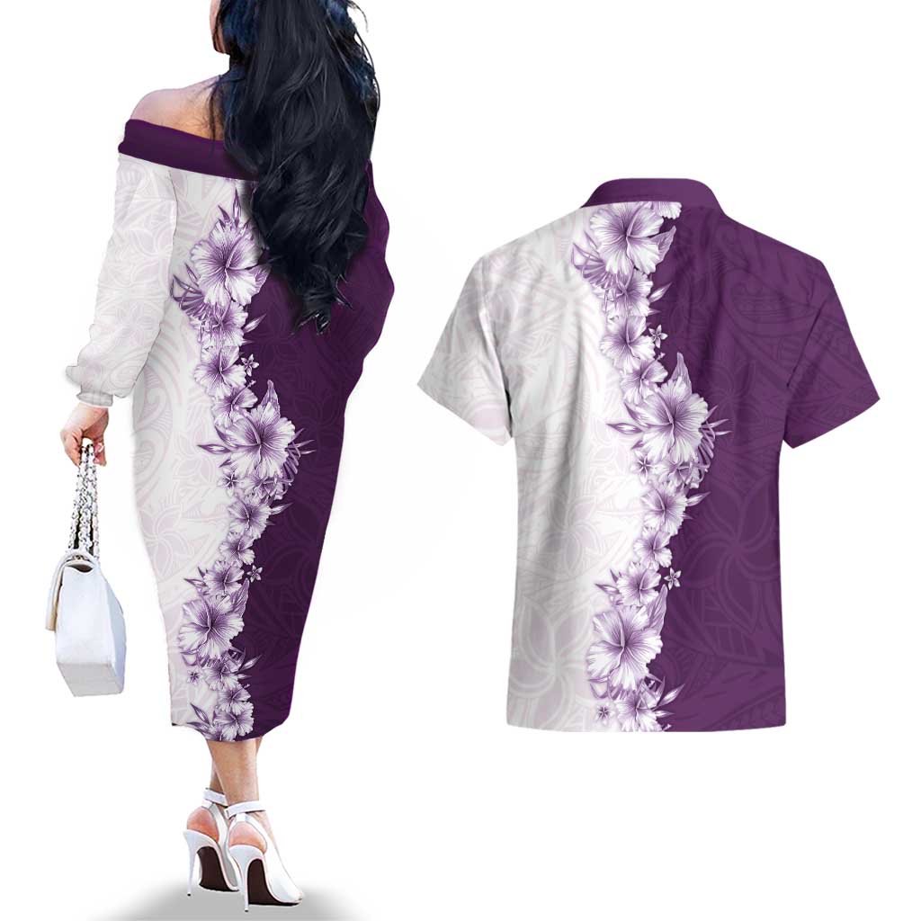 Hawaii Hibiscus Flowers Couples Matching Off The Shoulder Long Sleeve Dress and Hawaiian Shirt Purple Polynesian Pattern
