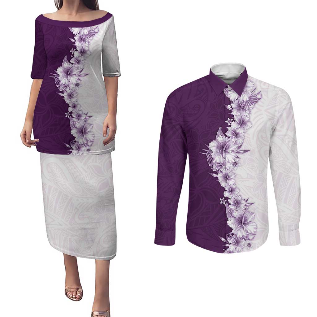 Hawaii Hibiscus Flowers Couples Matching Puletasi and Long Sleeve Button Shirt Purple Polynesian Pattern