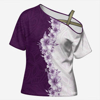 Hawaii Hibiscus Flowers Cross Shoulder Shirt Purple Polynesian Pattern
