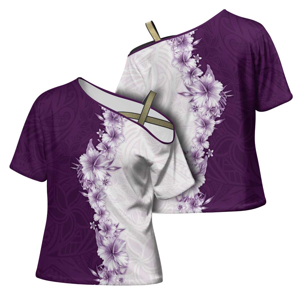 Hawaii Hibiscus Flowers Cross Shoulder Shirt Purple Polynesian Pattern