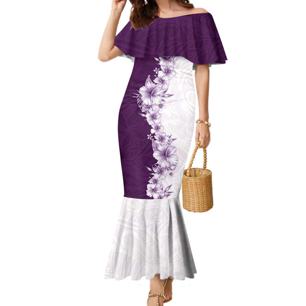 Hawaii Hibiscus Flowers Family Matching Mermaid Dress and Hawaiian Shirt Purple Polynesian Pattern