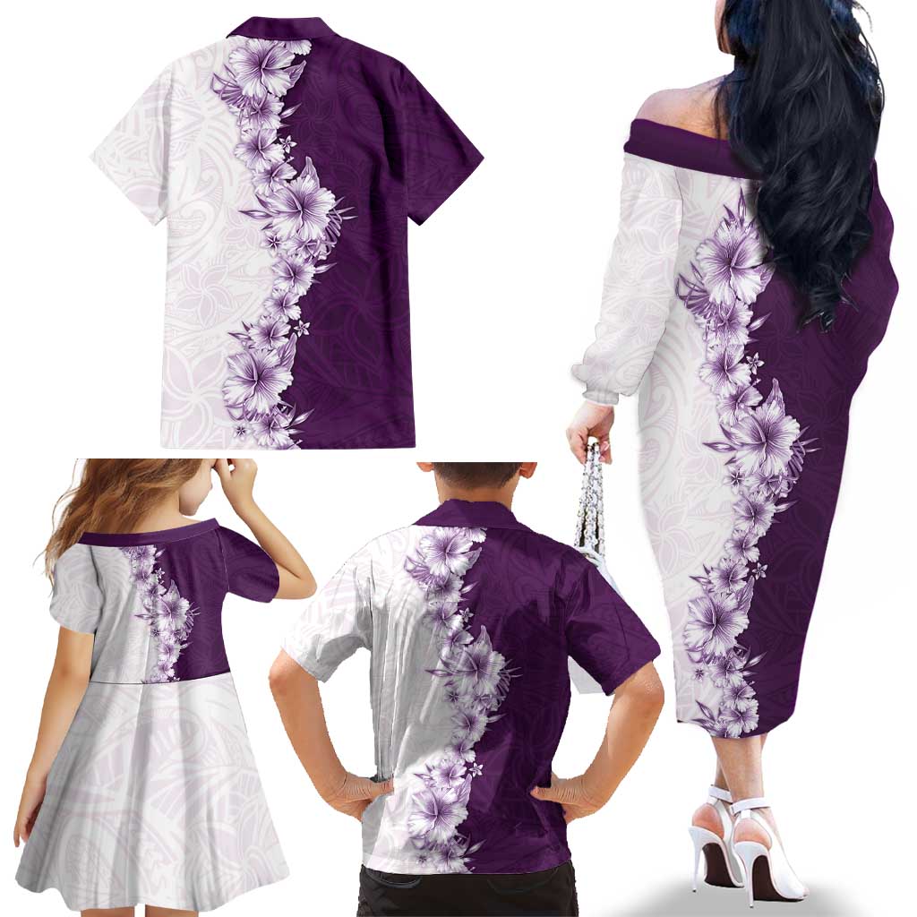 Hawaii Hibiscus Flowers Family Matching Off The Shoulder Long Sleeve Dress and Hawaiian Shirt Purple Polynesian Pattern