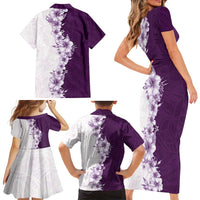 Hawaii Hibiscus Flowers Family Matching Short Sleeve Bodycon Dress and Hawaiian Shirt Purple Polynesian Pattern