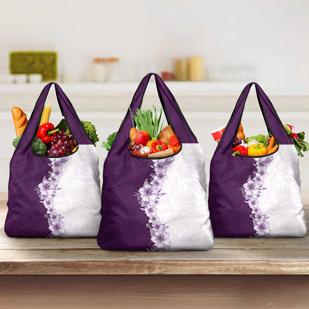 Hawaii Hibiscus Flowers Grocery Bag Purple Polynesian Pattern