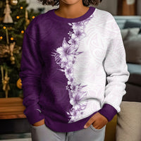 Hawaii Hibiscus Flowers Kid Ugly Christmas Sweater Purple Polynesian Pattern
