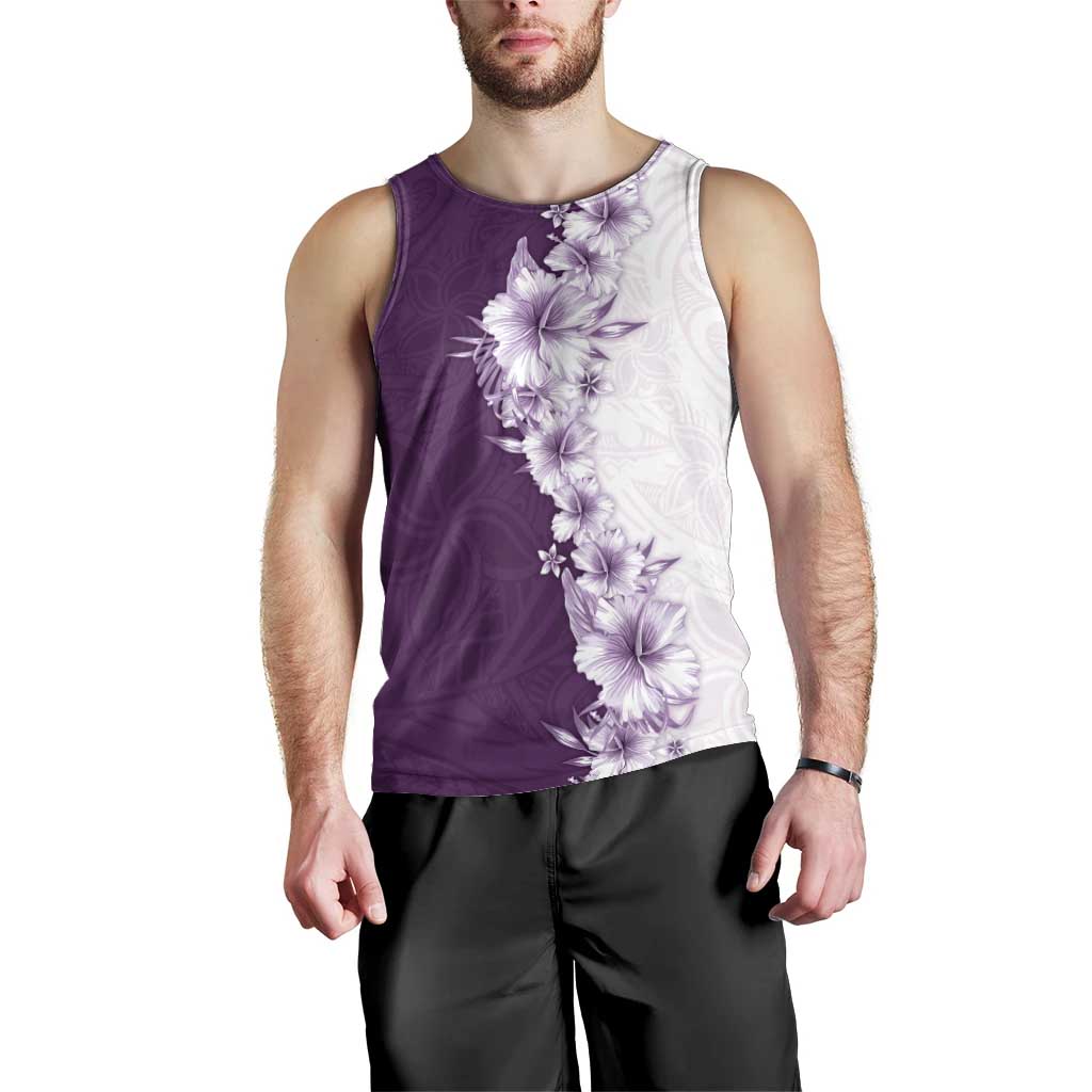 Hawaii Hibiscus Flowers Men Tank Top Purple Polynesian Pattern