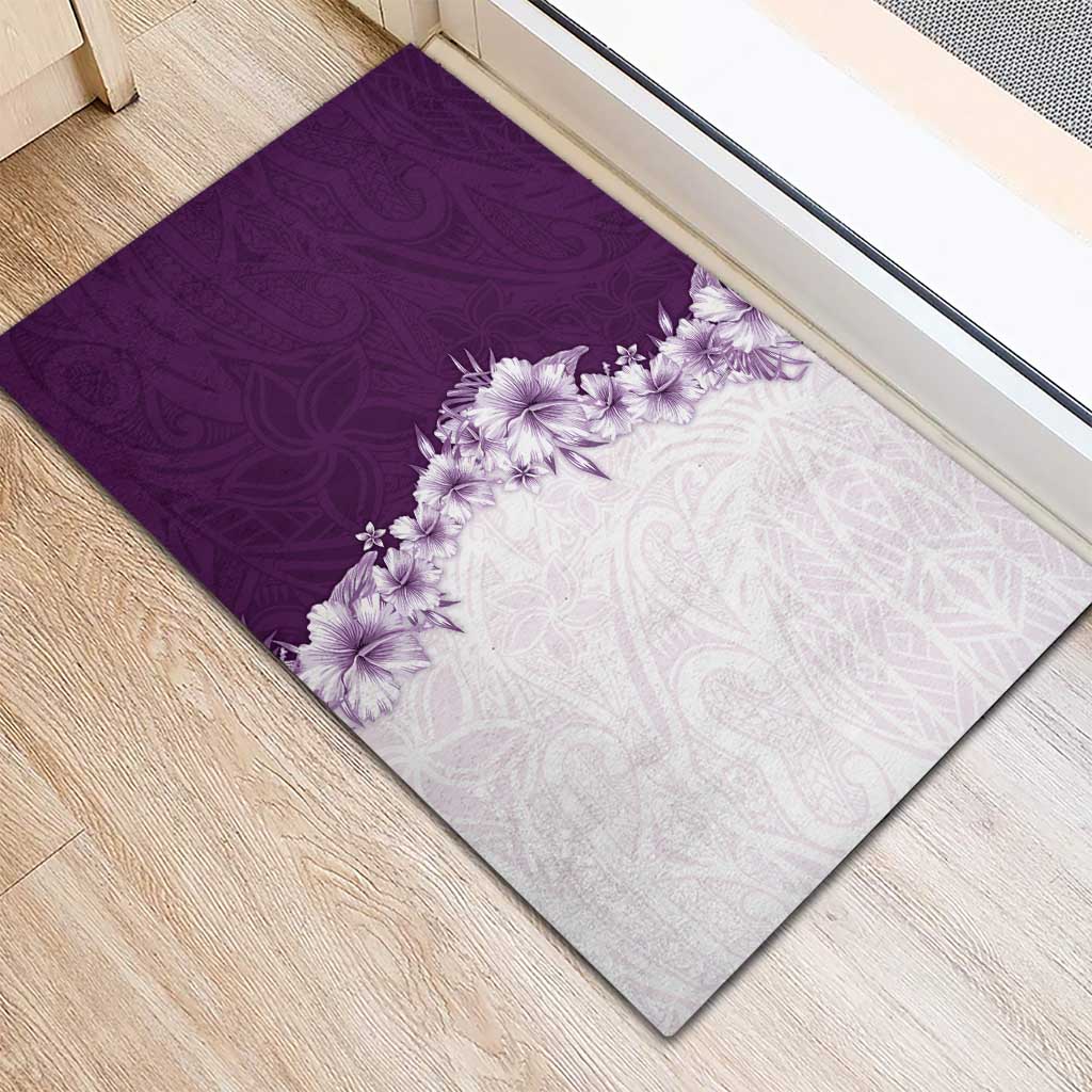 Hawaii Hibiscus Flowers Rubber Doormat Purple Polynesian Pattern