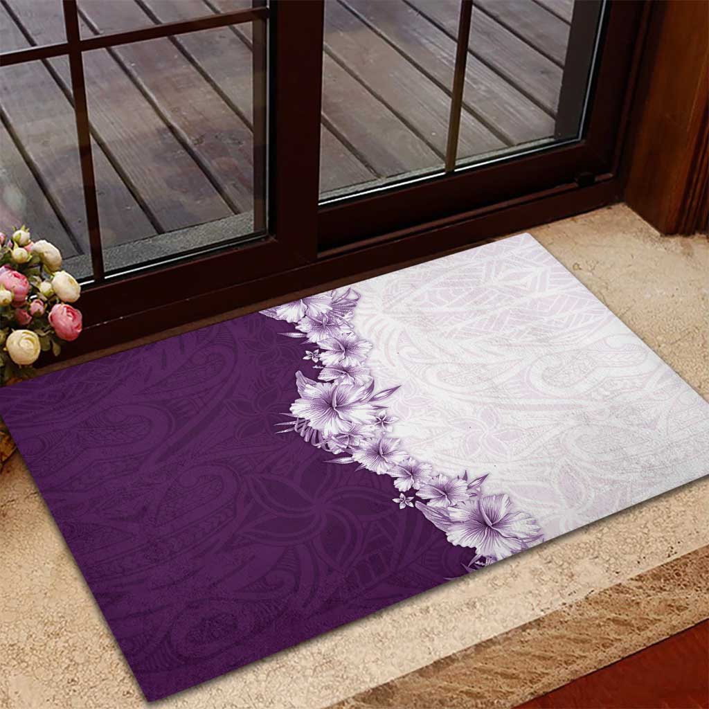 Hawaii Hibiscus Flowers Rubber Doormat Purple Polynesian Pattern