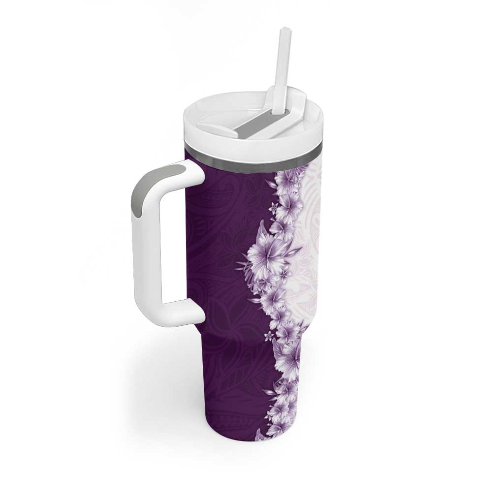 Hawaii Hibiscus Flowers Tumbler With Handle Purple Polynesian Pattern
