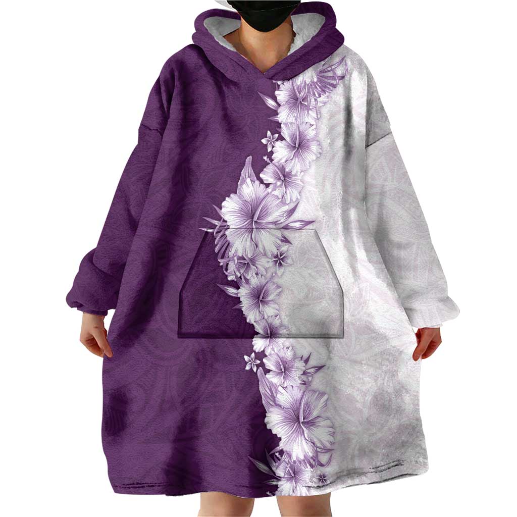 Hawaii Hibiscus Flowers Wearable Blanket Hoodie Purple Polynesian Pattern