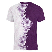 Hawaii Hibiscus Flowers Women V-Neck T-Shirt Purple Polynesian Pattern