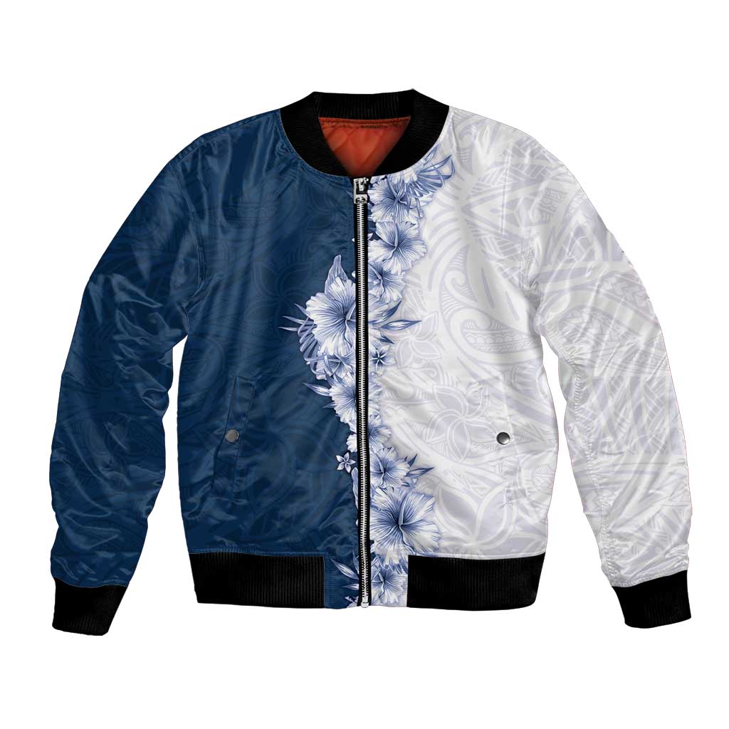 Hawaii Hibiscus Flowers Bomber Jacket Blue Polynesian Pattern