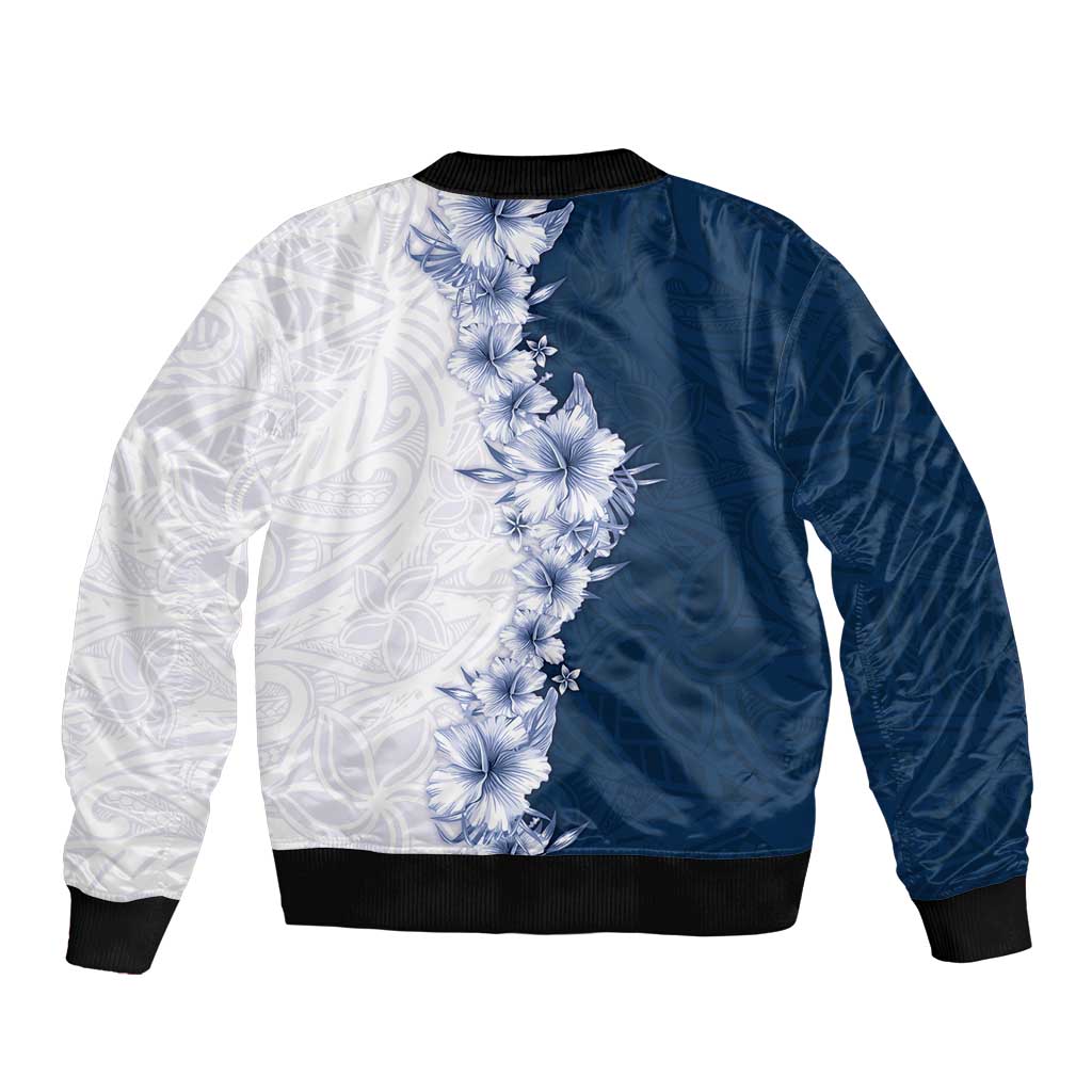 Hawaii Hibiscus Flowers Bomber Jacket Blue Polynesian Pattern
