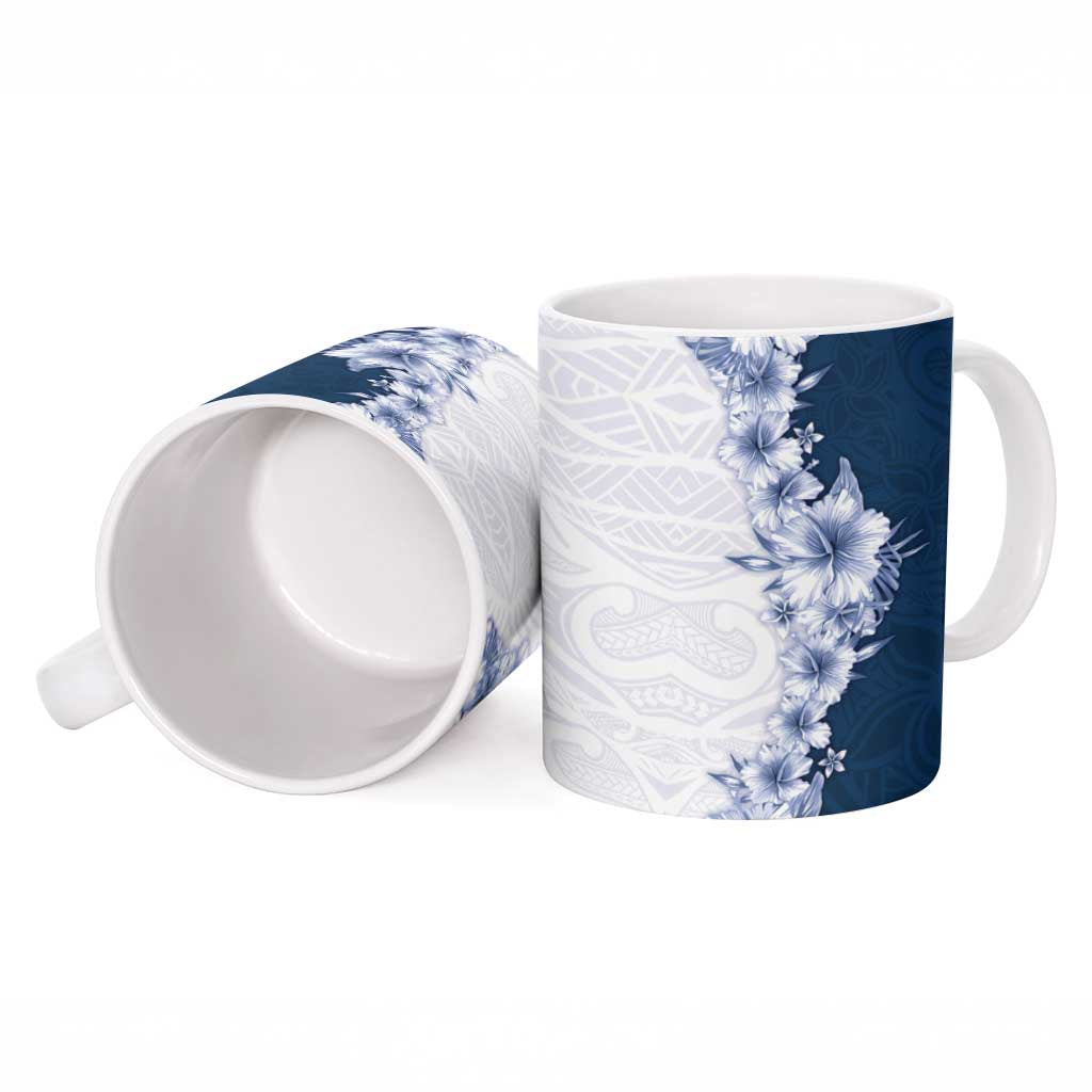 Hawaii Hibiscus Flowers Ceramic Mug Blue Polynesian Pattern