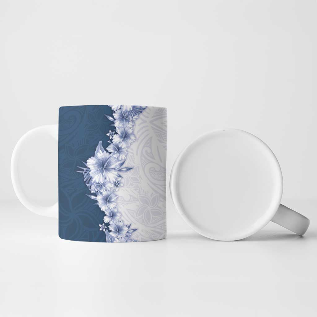 Hawaii Hibiscus Flowers Ceramic Mug Blue Polynesian Pattern