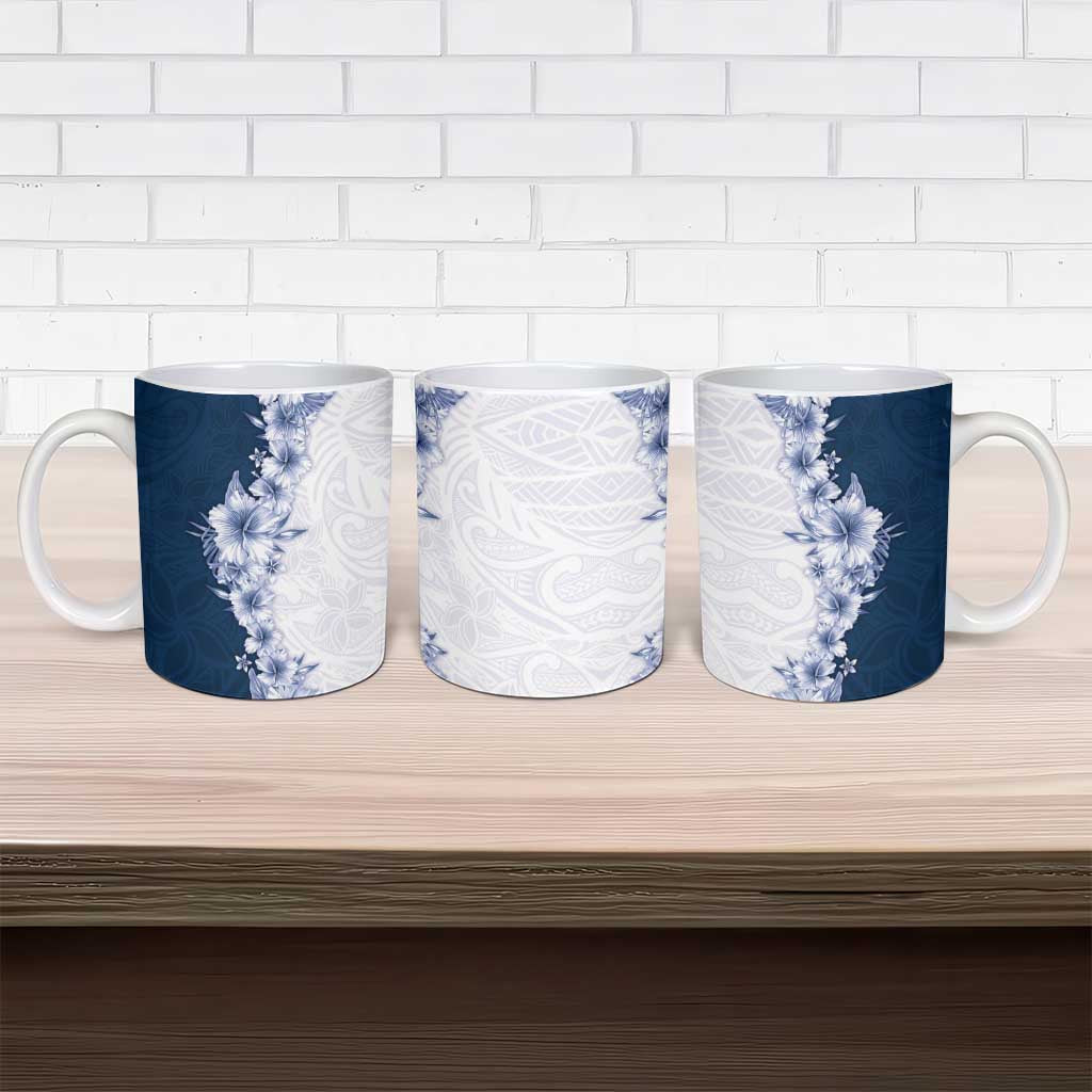 Hawaii Hibiscus Flowers Ceramic Mug Blue Polynesian Pattern