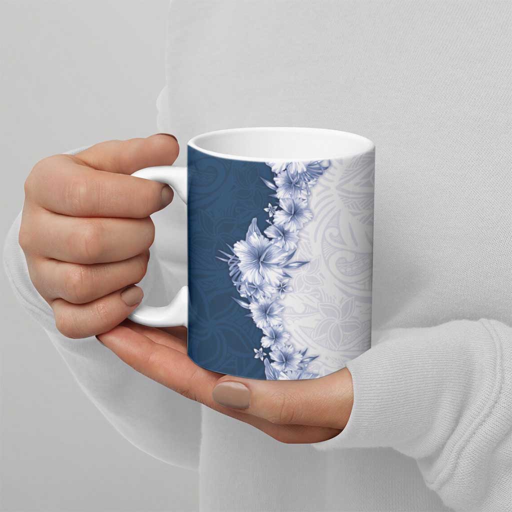 Hawaii Hibiscus Flowers Ceramic Mug Blue Polynesian Pattern