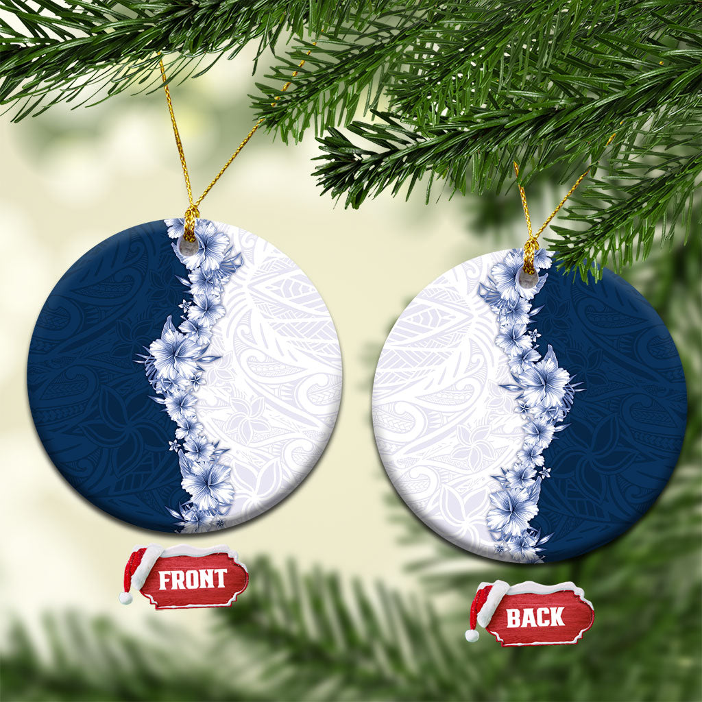 Hawaii Hibiscus Flowers Ceramic Ornament Blue Polynesian Pattern