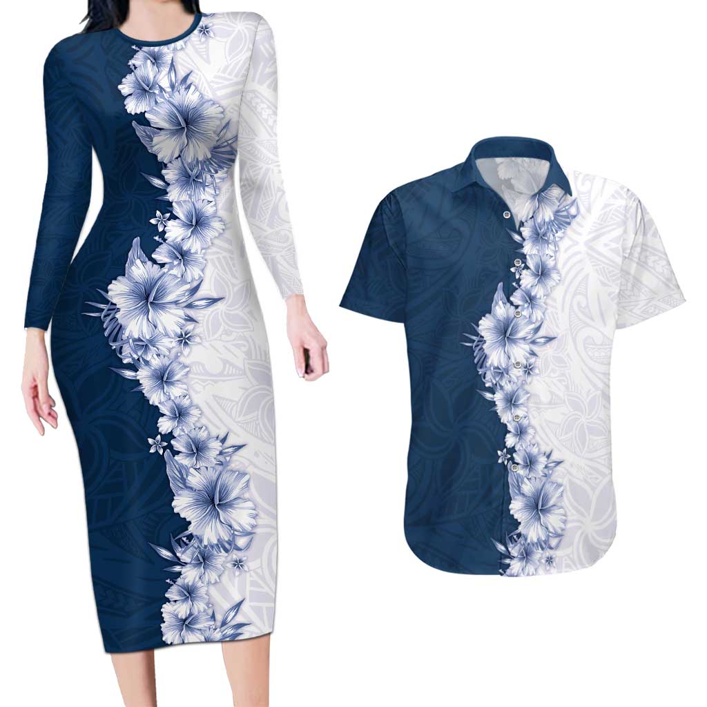 Hawaii Hibiscus Flowers Couples Matching Long Sleeve Bodycon Dress and Hawaiian Shirt Blue Polynesian Pattern
