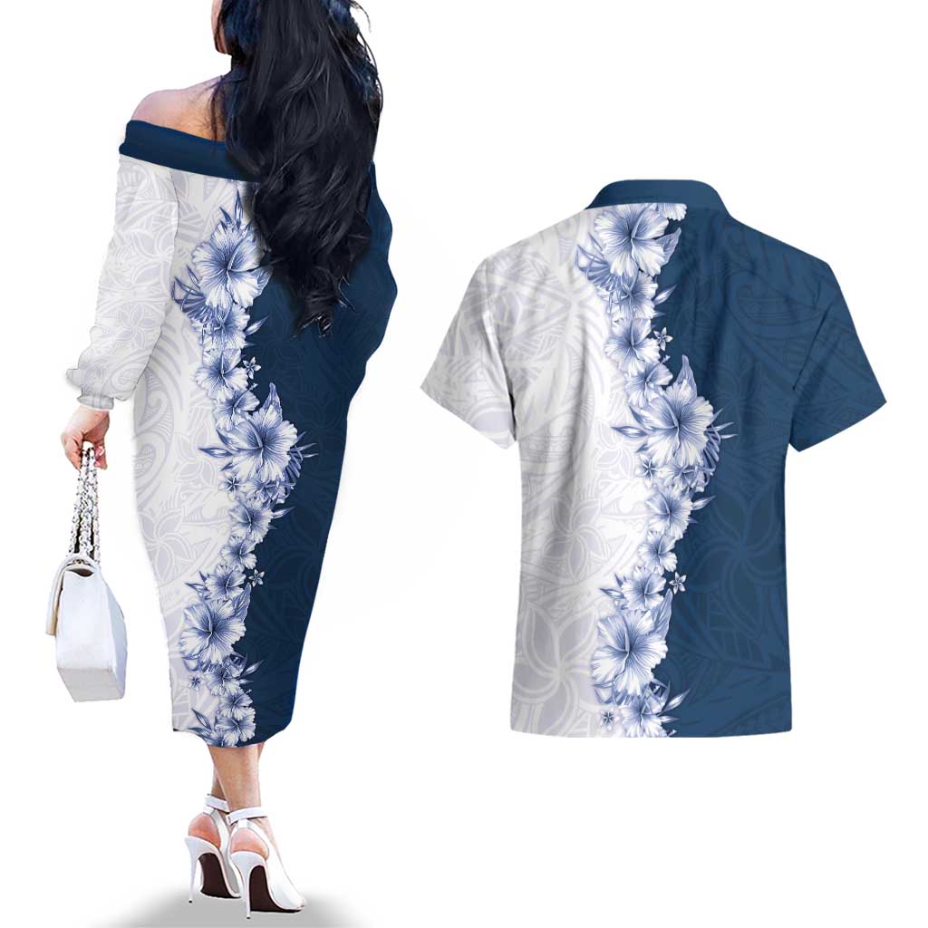 Hawaii Hibiscus Flowers Couples Matching Off The Shoulder Long Sleeve Dress and Hawaiian Shirt Blue Polynesian Pattern LT05 - Polynesian Pride