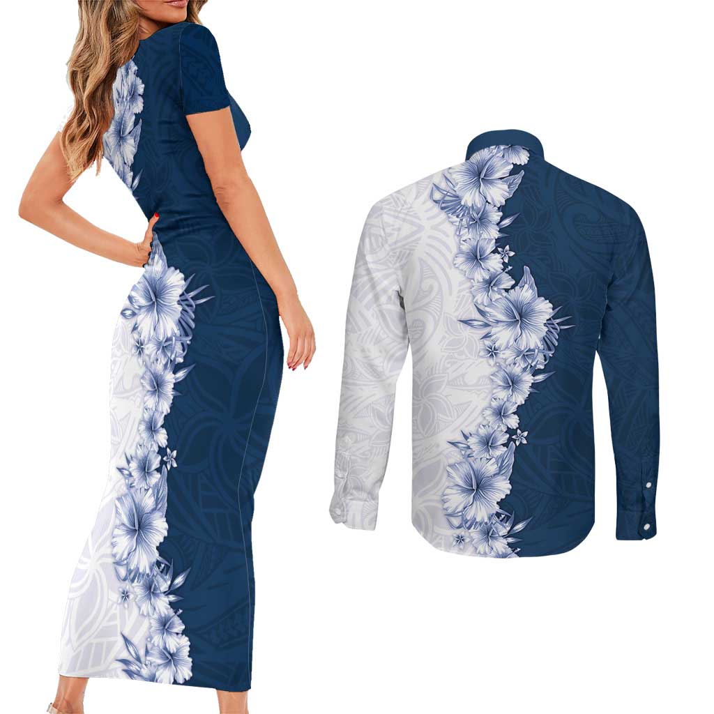 Hawaii Hibiscus Flowers Couples Matching Short Sleeve Bodycon Dress and Long Sleeve Button Shirt Blue Polynesian Pattern