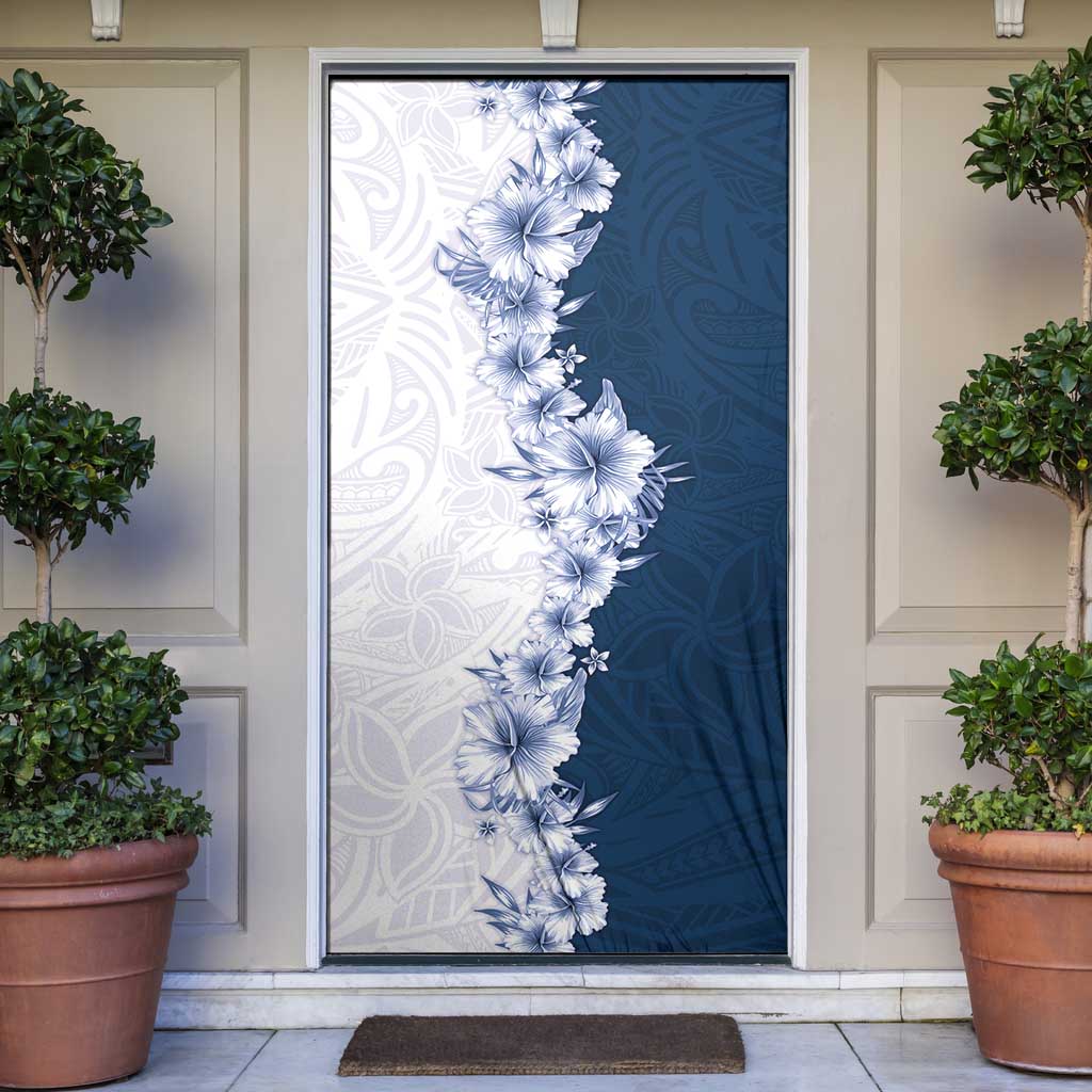 Hawaii Hibiscus Flowers Door Cover Blue Polynesian Pattern