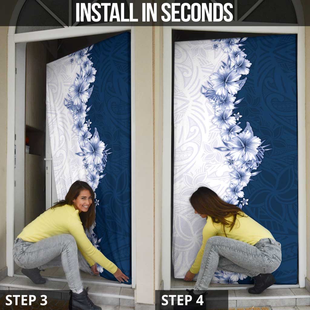 Hawaii Hibiscus Flowers Door Cover Blue Polynesian Pattern