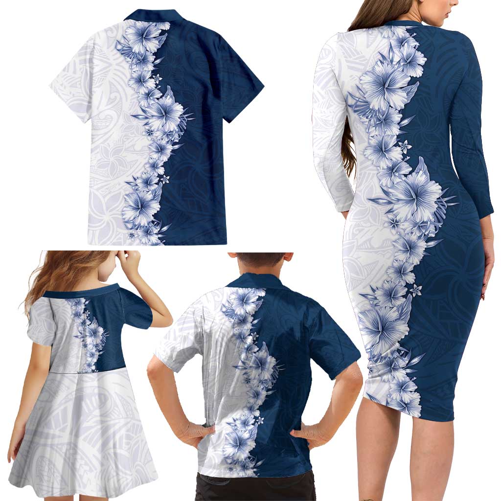 Hawaii Hibiscus Flowers Family Matching Long Sleeve Bodycon Dress and Hawaiian Shirt Blue Polynesian Pattern LT05 - Polynesian Pride