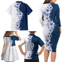 Hawaii Hibiscus Flowers Family Matching Long Sleeve Bodycon Dress and Hawaiian Shirt Blue Polynesian Pattern LT05 - Polynesian Pride