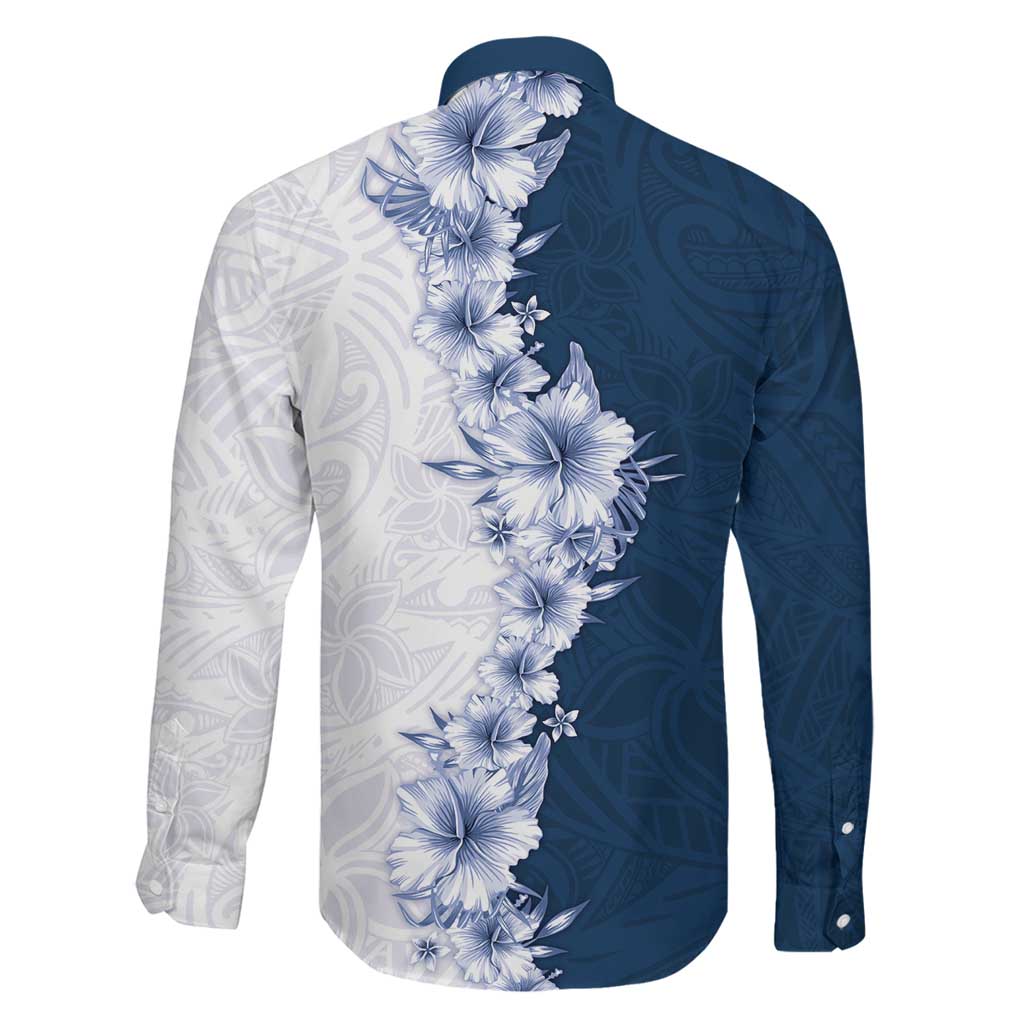 Hawaii Hibiscus Flowers Family Matching Long Sleeve Bodycon Dress and Hawaiian Shirt Blue Polynesian Pattern LT05 - Polynesian Pride