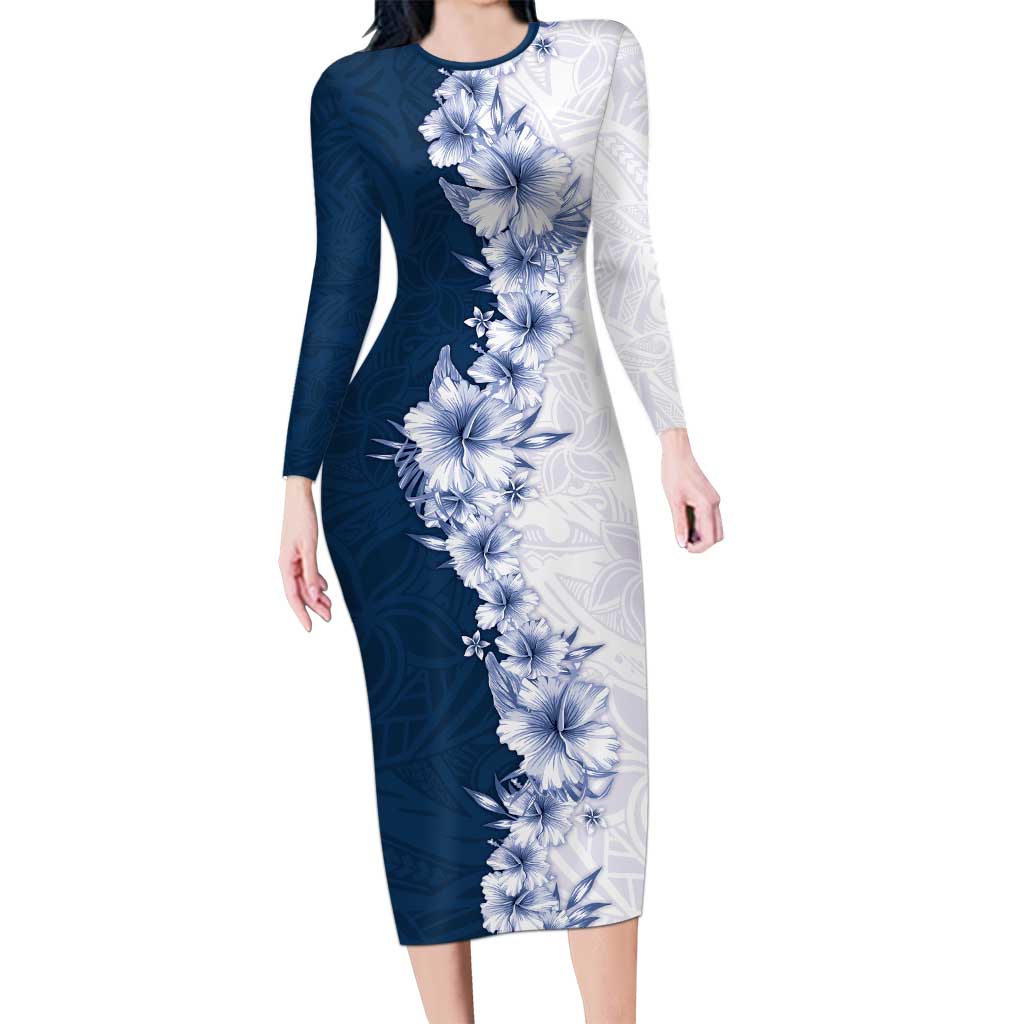 Hawaii Hibiscus Flowers Family Matching Long Sleeve Bodycon Dress and Hawaiian Shirt Blue Polynesian Pattern LT05 Mom's Dress Blue - Polynesian Pride