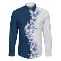 Hawaii Hibiscus Flowers Family Matching Off Shoulder Short Dress and Hawaiian Shirt Blue Polynesian Pattern LT05 Dad's Shirt - Long Sleeve Blue - Polynesian Pride