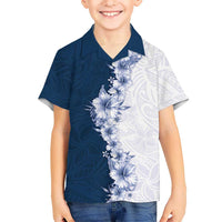 Hawaii Hibiscus Flowers Family Matching Puletasi and Hawaiian Shirt Blue Polynesian Pattern
