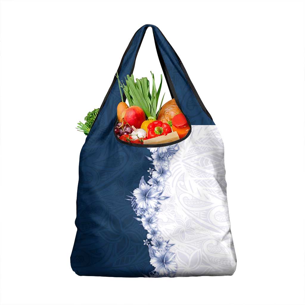 Hawaii Hibiscus Flowers Grocery Bag Blue Polynesian Pattern