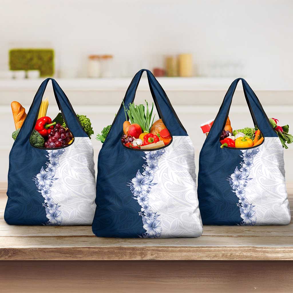 Hawaii Hibiscus Flowers Grocery Bag Blue Polynesian Pattern