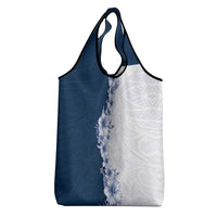 Hawaii Hibiscus Flowers Grocery Bag Blue Polynesian Pattern