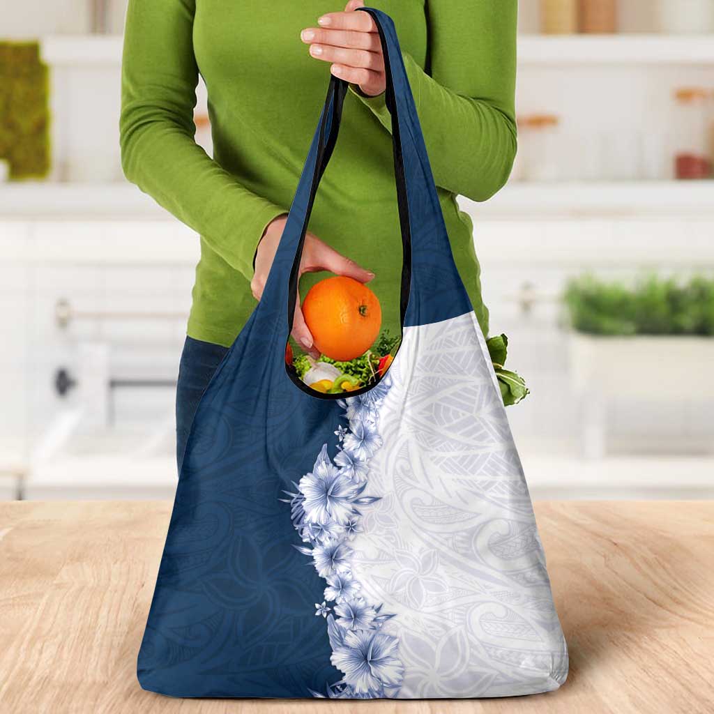 Hawaii Hibiscus Flowers Grocery Bag Blue Polynesian Pattern