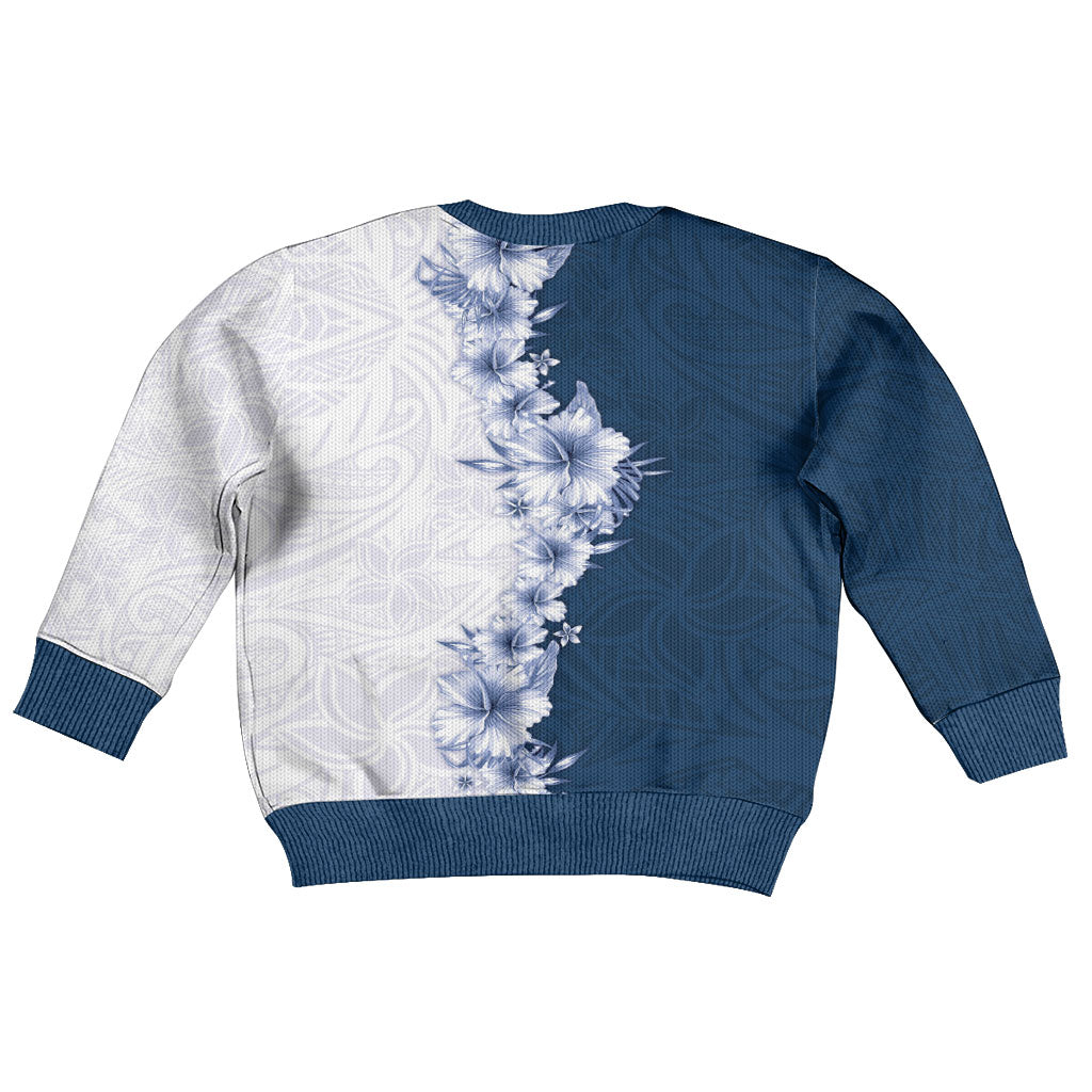 Hawaii Hibiscus Flowers Kid Ugly Christmas Sweater Blue Polynesian Pattern