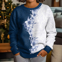 Hawaii Hibiscus Flowers Kid Ugly Christmas Sweater Blue Polynesian Pattern