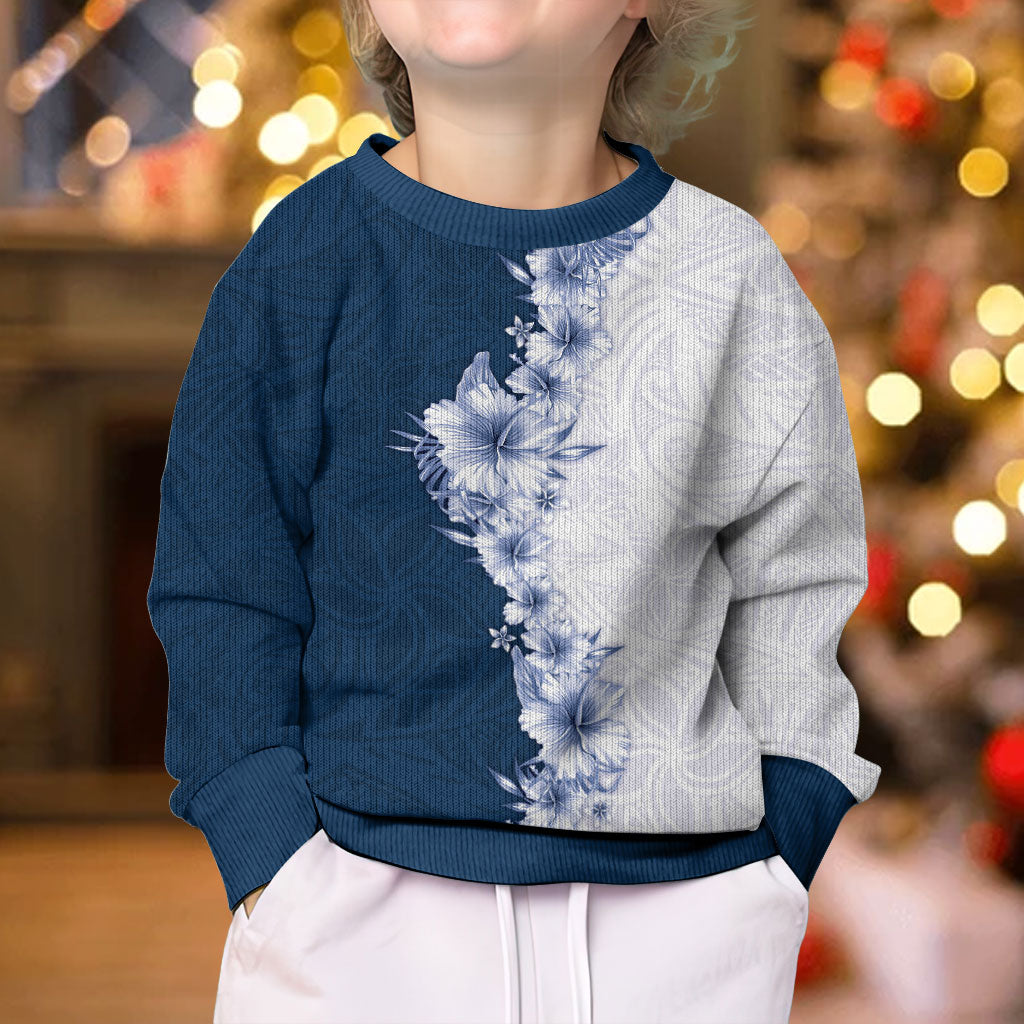 Hawaii Hibiscus Flowers Kid Ugly Christmas Sweater Blue Polynesian Pattern