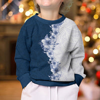 Hawaii Hibiscus Flowers Kid Ugly Christmas Sweater Blue Polynesian Pattern