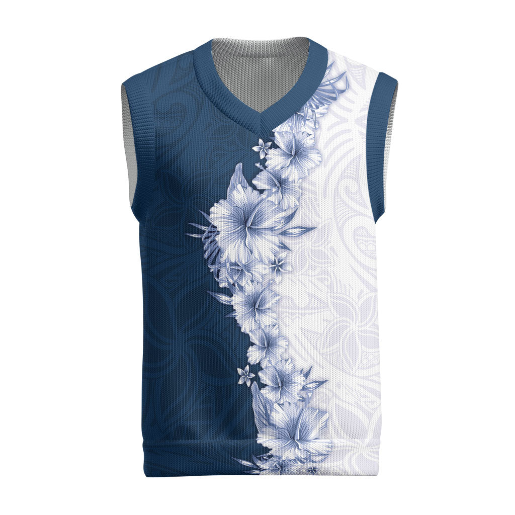 Hawaii Hibiscus Flowers Christmas Knitted V-Neck Vest Blue Polynesian Pattern