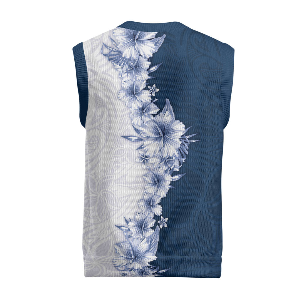 Hawaii Hibiscus Flowers Christmas Knitted V-Neck Vest Blue Polynesian Pattern