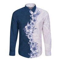Hawaii Hibiscus Flowers Long Sleeve Button Shirt Blue Polynesian Pattern