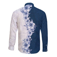 Hawaii Hibiscus Flowers Long Sleeve Button Shirt Blue Polynesian Pattern