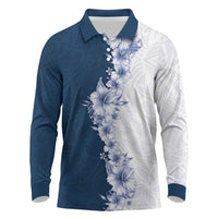 Hawaii Hibiscus Flowers Long Sleeve Polo Shirt Blue Polynesian Pattern