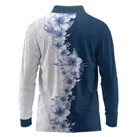 Hawaii Hibiscus Flowers Long Sleeve Polo Shirt Blue Polynesian Pattern