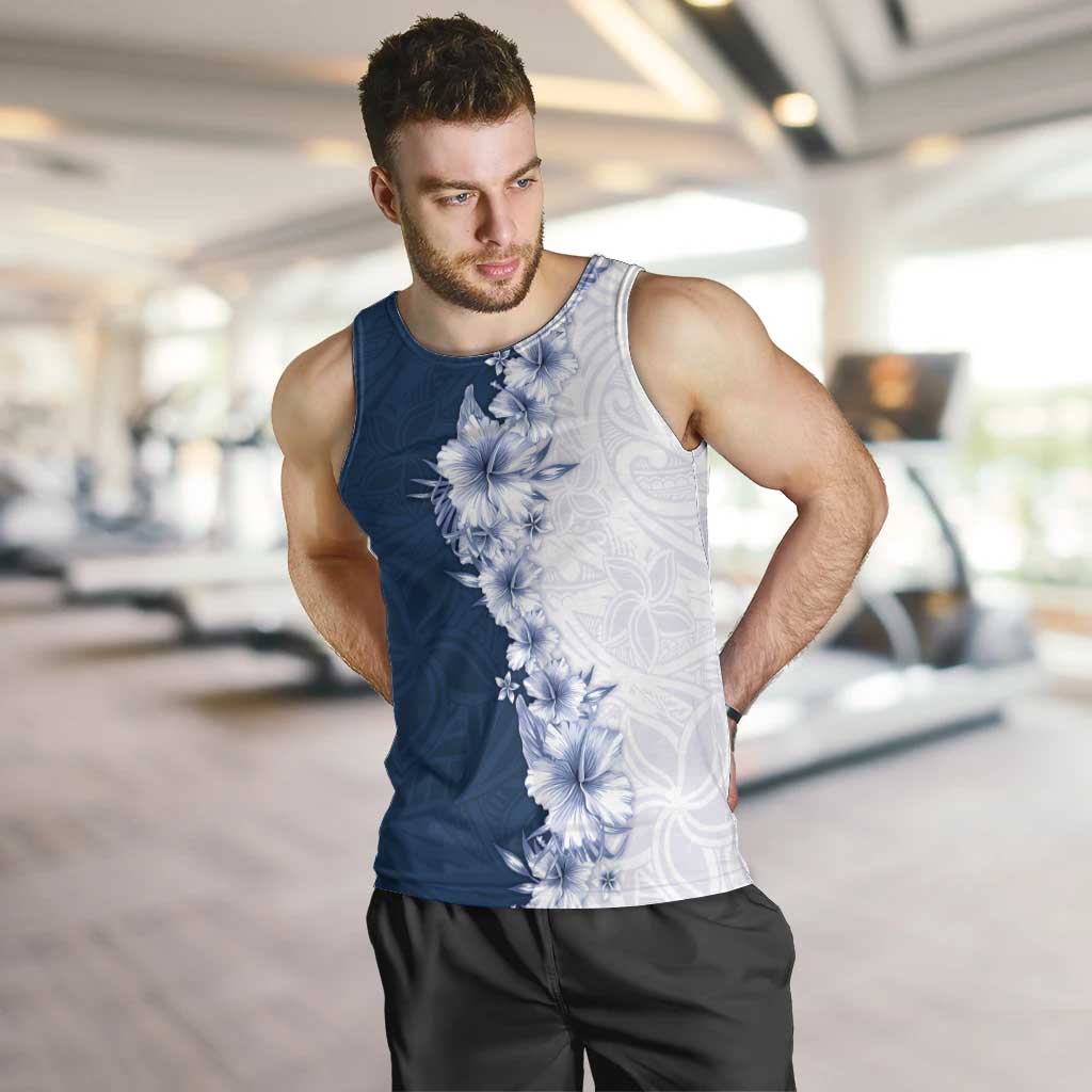 Hawaii Hibiscus Flowers Men Tank Top Blue Polynesian Pattern