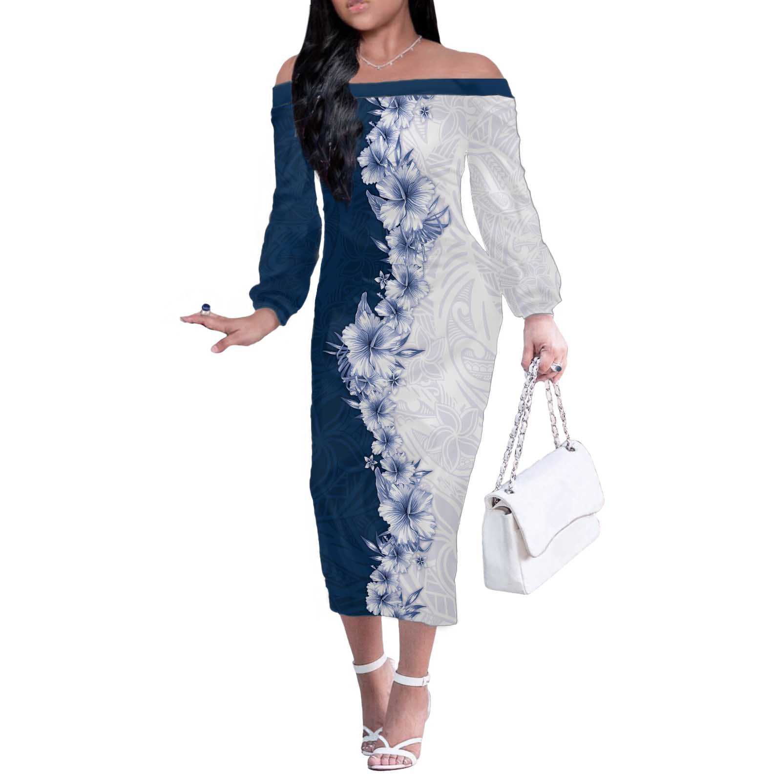 Hawaii Hibiscus Flowers Off The Shoulder Long Sleeve Dress Blue Polynesian Pattern LT05 Women Blue - Polynesian Pride